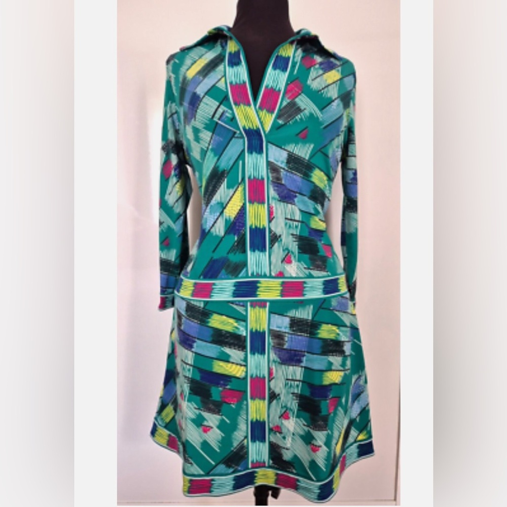 BCBGMaxAzria Teal Retro Colorful‎ 60's Mod Inspired Geometric Dress